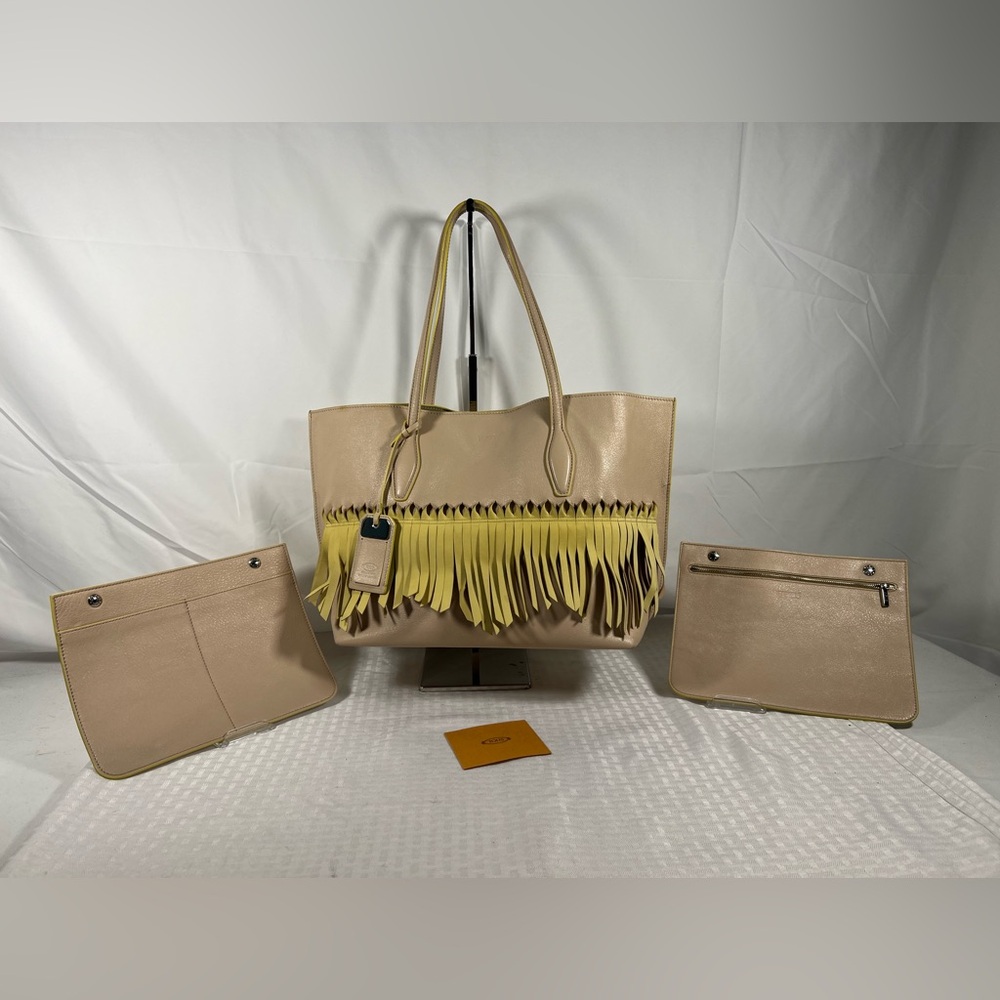4023: Tod’s Beige Leather Fringe Tote Bag NWOT Made in Italy